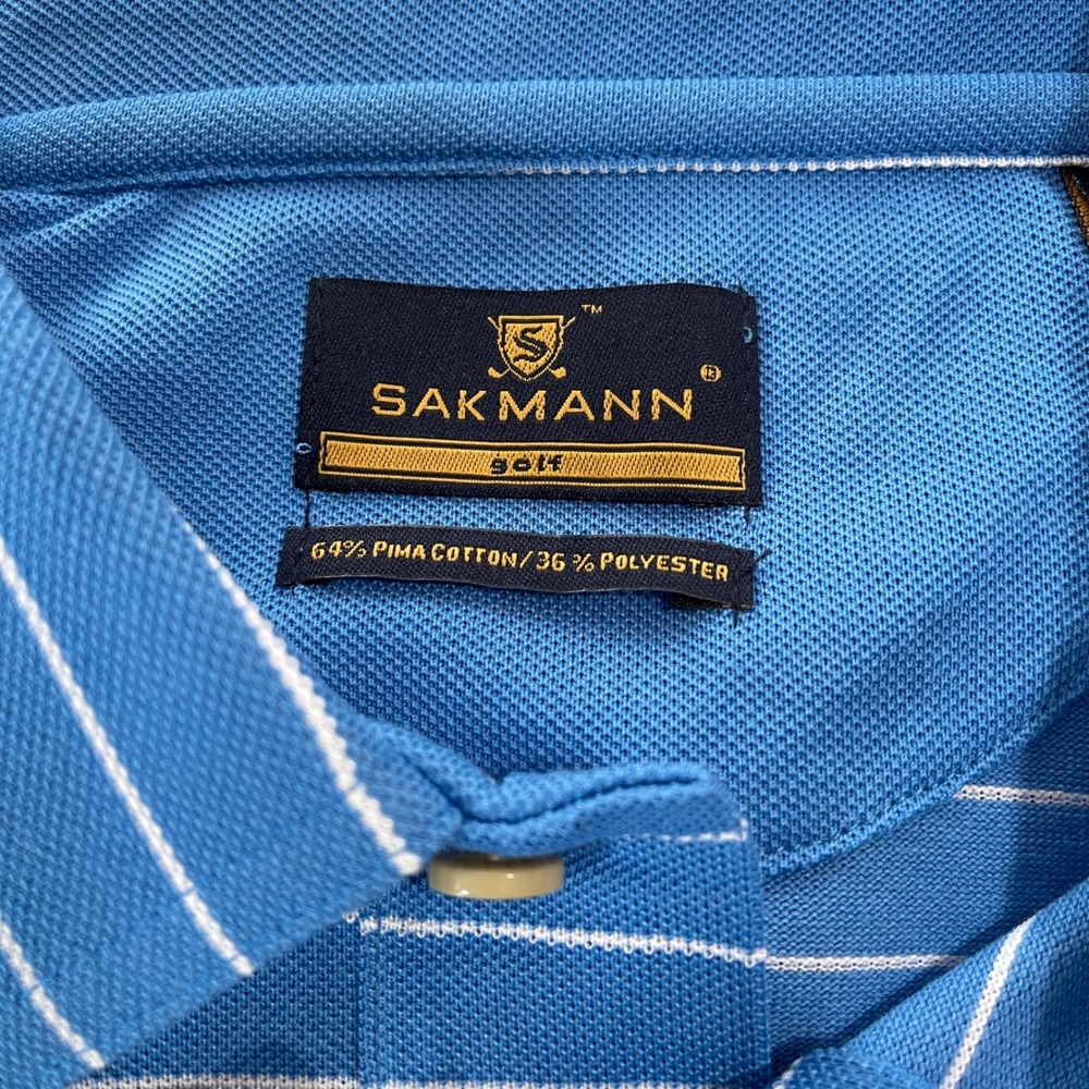 SAKMANN Golf Performance Polo Shirt Blue White Stripe Pima Cotton Blend Men Lg. - Picture 3 of 11